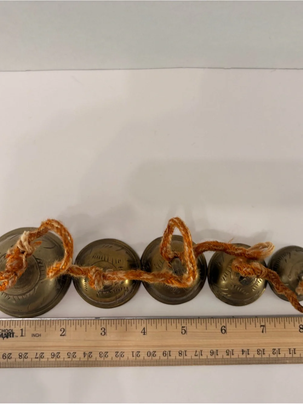 🔔 Vintage Graduated Brass Bells on Rope Garland – Rustic Temple Cow Bells – 24